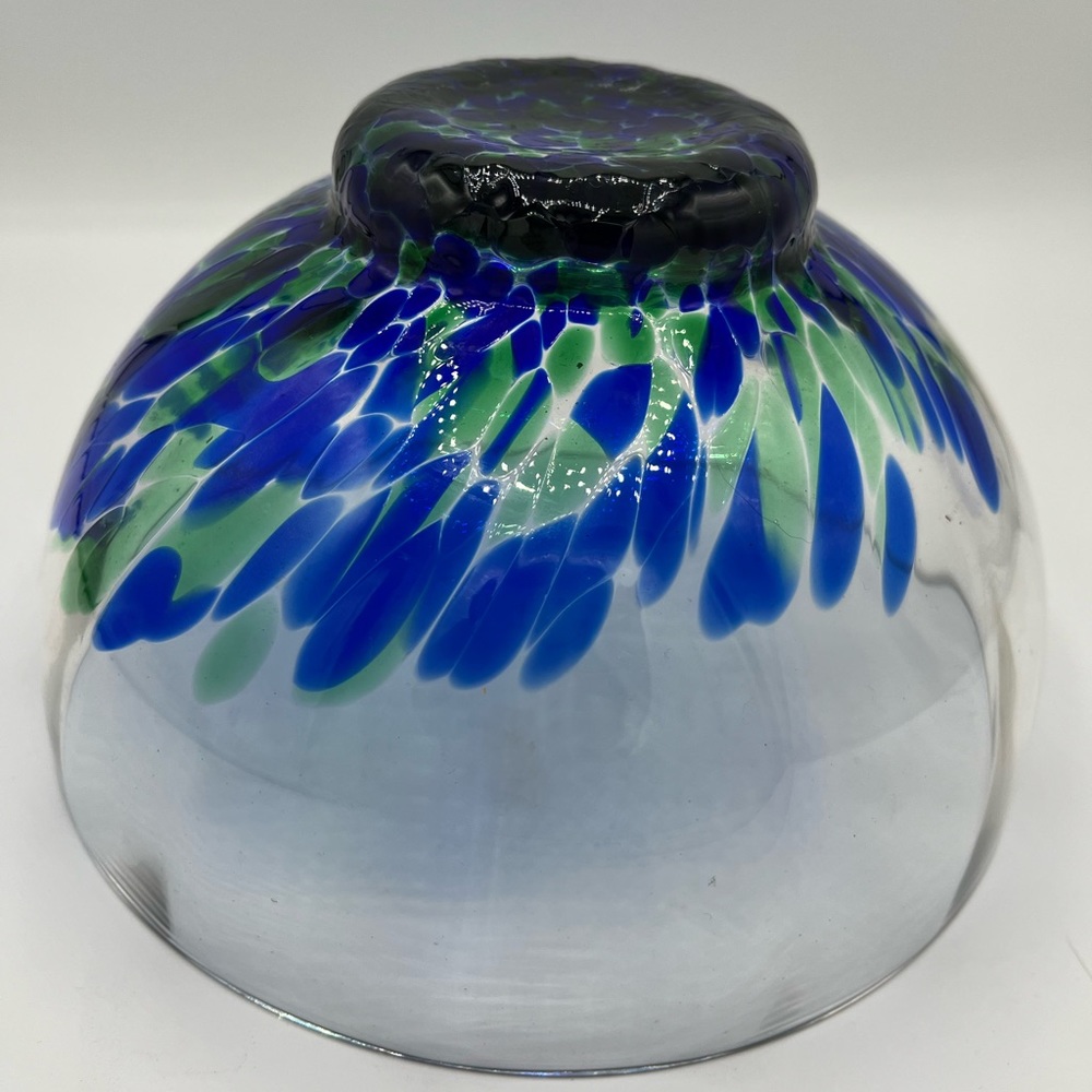 Fused Art Glass Bowl Cobalt Blue And Teal Green On Clear Glass 7.5" Excellent! - Picture 4 of 6